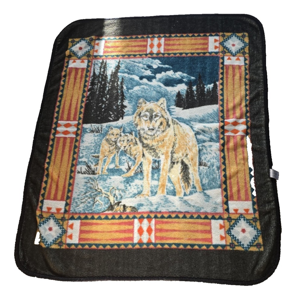 VTG Novatex Wolf Pack Acrylic Blend Multicolor Fleece Throw Blanket 57X50" Rare - Picture 2 of 6